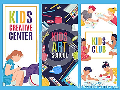 Art school, paint hobby for kids character with watercolor, pencil poster set, vector illustration. Craft education Vector Illustration