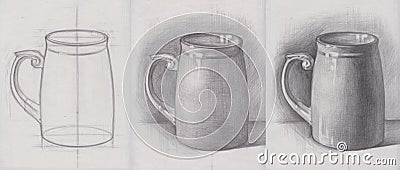 Academic pencil drawing sketch of a beer mug. Art education tutorial step by step. Lines and strokes. Art school still life Stock Photo