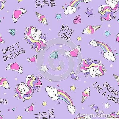 Art. Seamless unicorn pattern on a purple background. Drawing for kids clothes or fabrics Vector Illustration