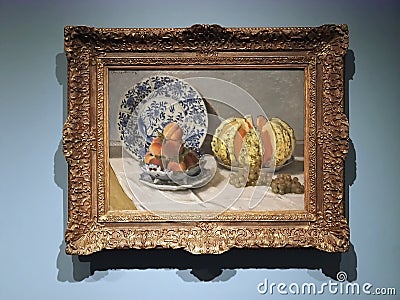 Art collection Inside Calouste Gulbenkian museum in Lisbon - painting by Claude Monet named Still Life with Melon Editorial Stock Photo
