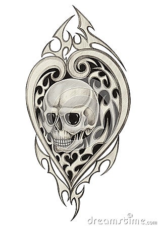 Art skull mix heart tattoo. Stock Photo