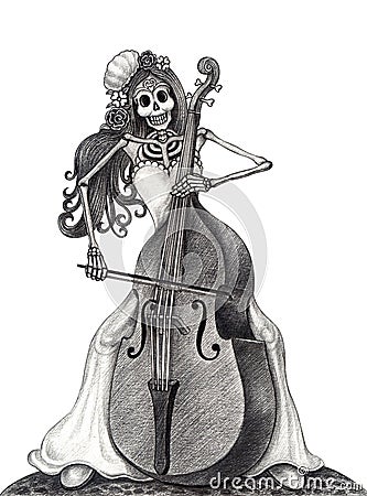Art skull playing double bass day of the dead festival. Stock Photo
