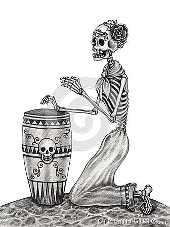 Art skull playing drum day of the dead festival. Stock Photo