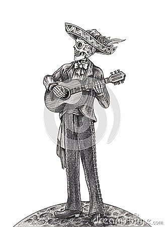 Art Skull playing guitar Day of the dead. Stock Photo