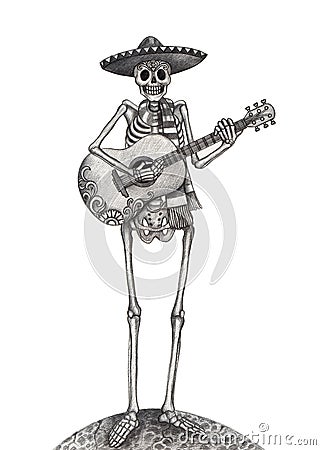 Art skull playing guitar day of the dead festival. Stock Photo