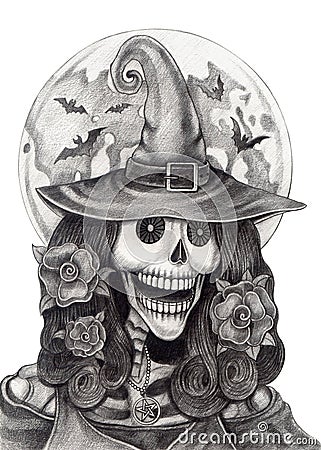 Art skull witch Halloween day. Stock Photo