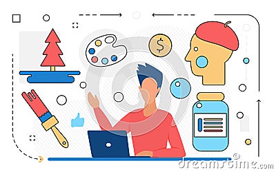 Art studio, artist creative work, man character with laptop line icon isolated Vector Illustration