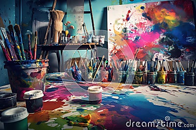 Art Studio: Capture a set of images that showcase a colorful, inspiring art studio. Generative AI Stock Photo