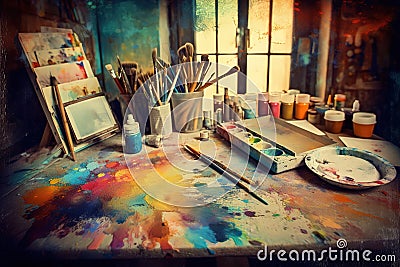 Art Studio: Capture a set of images that showcase a colorful, inspiring art studio. Generative AI Stock Photo