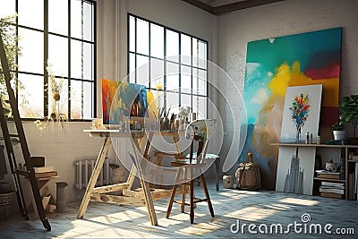 Art Studio: Capture a set of images that showcase a colorful, inspiring art studio. Generative AI Stock Photo