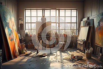 Art Studio: Capture a set of images that showcase a colorful, inspiring art studio. Generative AI Stock Photo