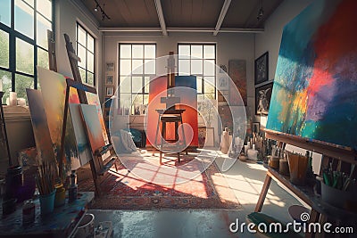 Art Studio: Capture a set of images that showcase a colorful, inspiring art studio. Generative AI Stock Photo