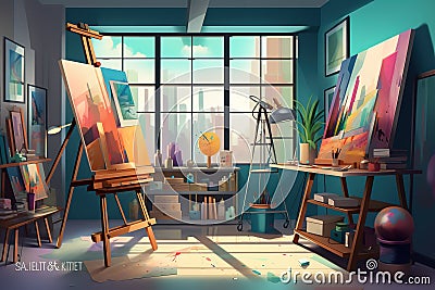 Art Studio: Create a set of images that showcase a colorful, expressive art studio. Generative AI Stock Photo