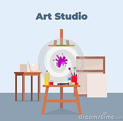 Art studio interior. Easel, canvas, paint and all necessary tools for drawing. Beautiful composition for advertising art studio. Cartoon Illustration