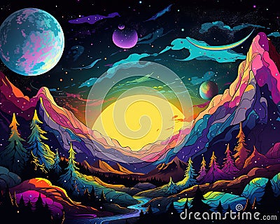 The art style of the Psychedelic Space banner template is similar to the art style of the Manga line. Stock Photo