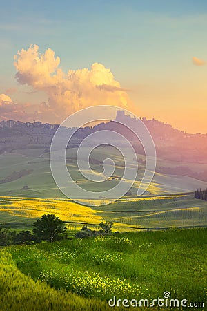 Art sunset over Italy countryside landscape. farmland field Stock Photo