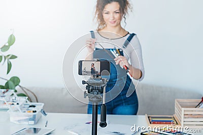 Art supplies promotion blogger record video Stock Photo