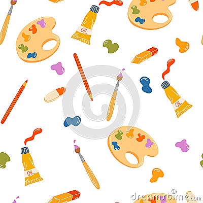 Art supplies seamless pattern. Palette with paints, tube of paint and brush. Subjects for drawing, creativity, hobbies and schools Vector Illustration
