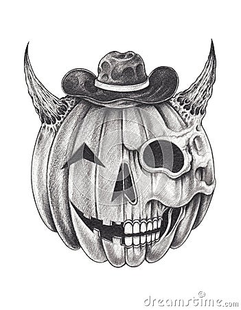 Art Surreal Devil Pumpkin Skull Tattoo. Stock Photo