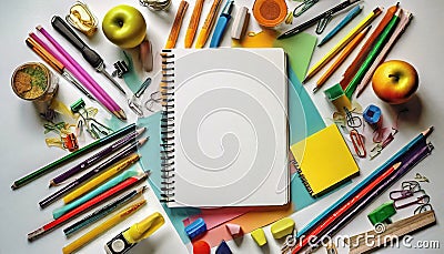 an art table with a notebook with colored pencils Stock Photo