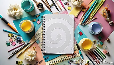 an art table with a notebook with colored pencils Stock Photo