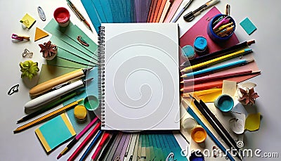 an art table with a notebook with colored pencils Stock Photo