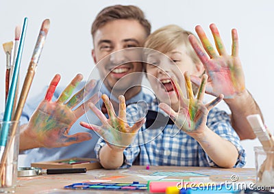 Art teacher and schoolboy Stock Photo