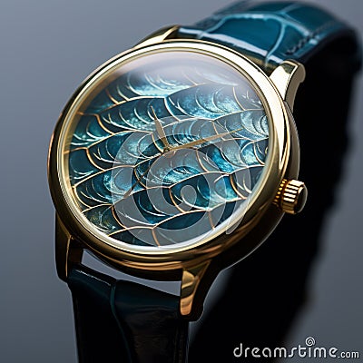 Blue Fish Scale Watch With Gold Leaf Overlay In James Bullough Style Stock Photo