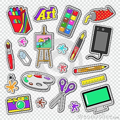 Art Tools Doodle. Painting Stickers with Paints, Digital Graphic Device and Photo Camera Vector Illustration