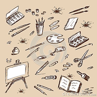 Art tools doodles set Vector Illustration