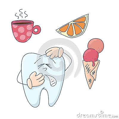Art on the topic of children`s dentistry. Cute cartoon tooth sensitive to hot, cold and sweet. Vector Illustration