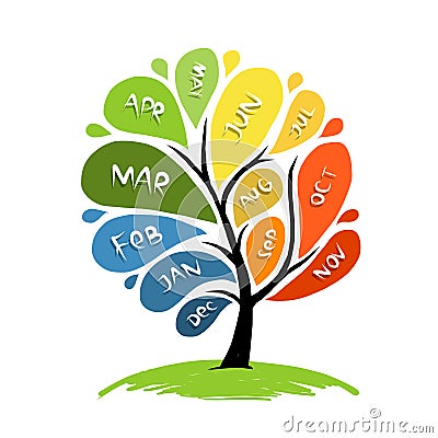 Art tree design with 12 petal months of year Vector Illustration