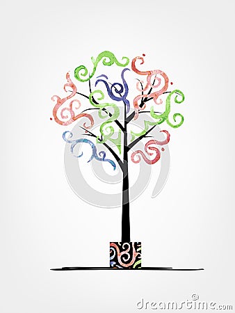 Art tree design with watercolor waves Vector Illustration
