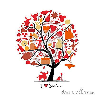 Art tree with spain symbols for your design Vector Illustration