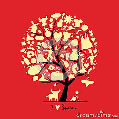 Art tree with spain symbols for your design Vector Illustration