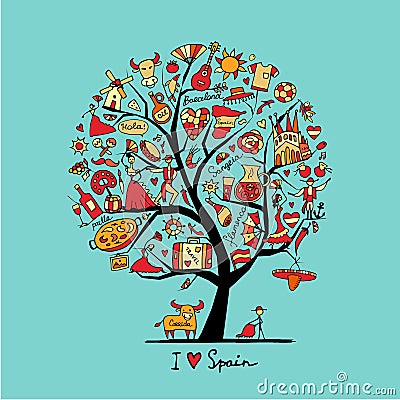 Art tree with spain symbols for your design Vector Illustration