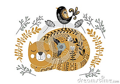 Art vector monochrome illustration with cute cat, bird and flowers in scandinavian style on a white background. Vector Illustration