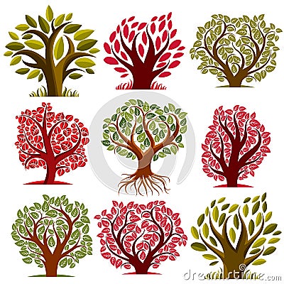 Art vector seasonal trees collection, can be used as design symbol on ecology and nature theme. Gardening theme, botany symbols. Vector Illustration