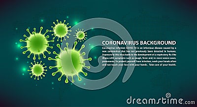 Art. Vector virus banner on a dark green background. COVID-19. Human health, bacteria, microorganisms, viral cell. Vector Illustration