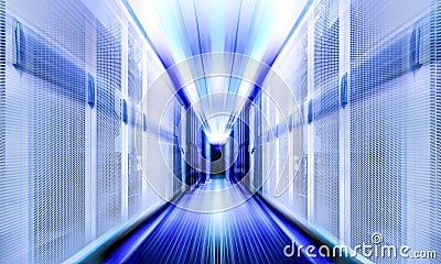 Art visualization corridor of data warehouse in neon fluorescent light. Design web hosting technology data center background. Stock Photo