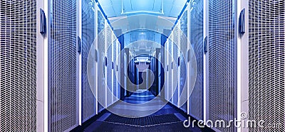 Art visualization corridor of data warehouse in warning red toning. Design web hosting technology big data center background. Stock Photo