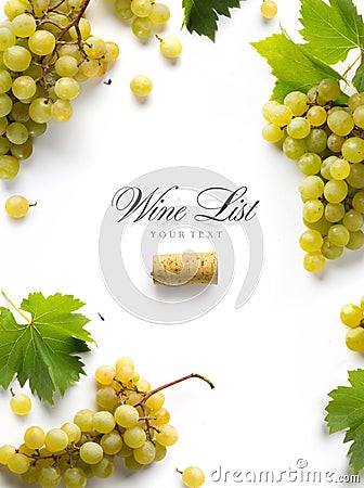 Art wine list background; sweet white grapes and leaf Stock Photo