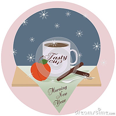 Winter warm still life with a delicious cup and peach. New Year`s Morning Vector Illustration
