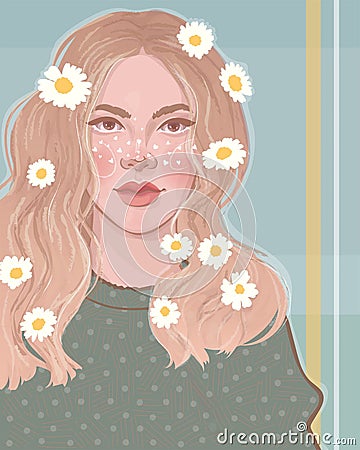 Girl with daisies in her hair Vector Illustration
