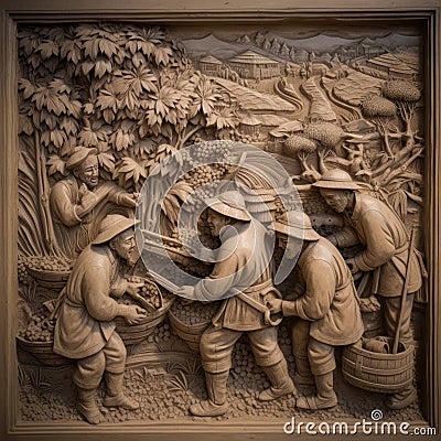 art work of Chinese style Relieve Chinese peasants picking generative AI Stock Photo