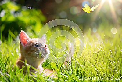 Art Young cat / kitten hunting a ladybug with Back Lit Stock Photo