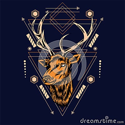 Deer head with sacred geometry pattern on black background-vector retr Vector Illustration