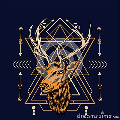Deer head with sacred geometry pattern on black background-vector retr Vector Illustration