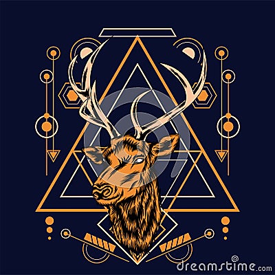 Deer head with sacred geometry pattern on black background-vector retr Vector Illustration