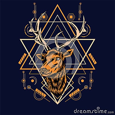 Deer head with sacred geometry pattern on black background-vector retr Vector Illustration